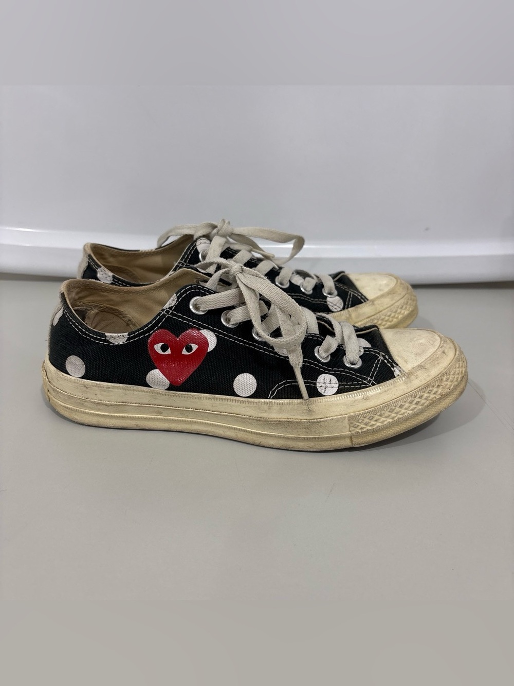 Comme des Garcons PLAY Black Polka Dot Low Top Sneakers with Red Heart